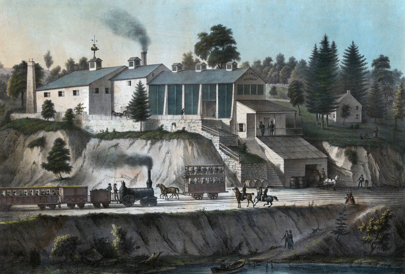 Engel & Wolf's Brewery and Vaults, Philadelphia — a 19th-century hand-coloured lithograph of a lager brewery built over cooling vaults, the cold cellars that made bottom-fermented lager possible.