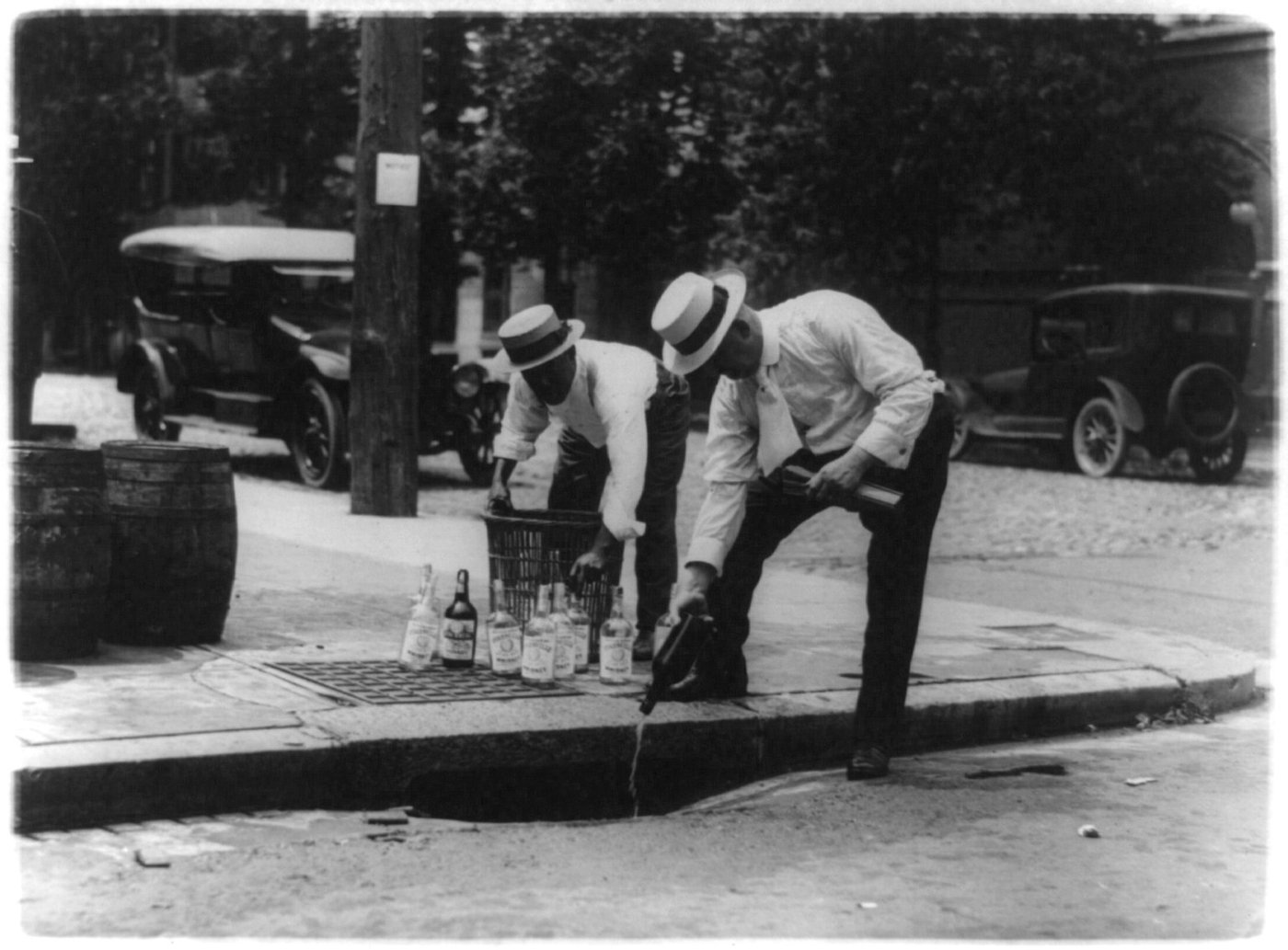 Confiscated alcohol being poured away during US Prohibition (1920–1933), which wiped out most of the country's breweries.
