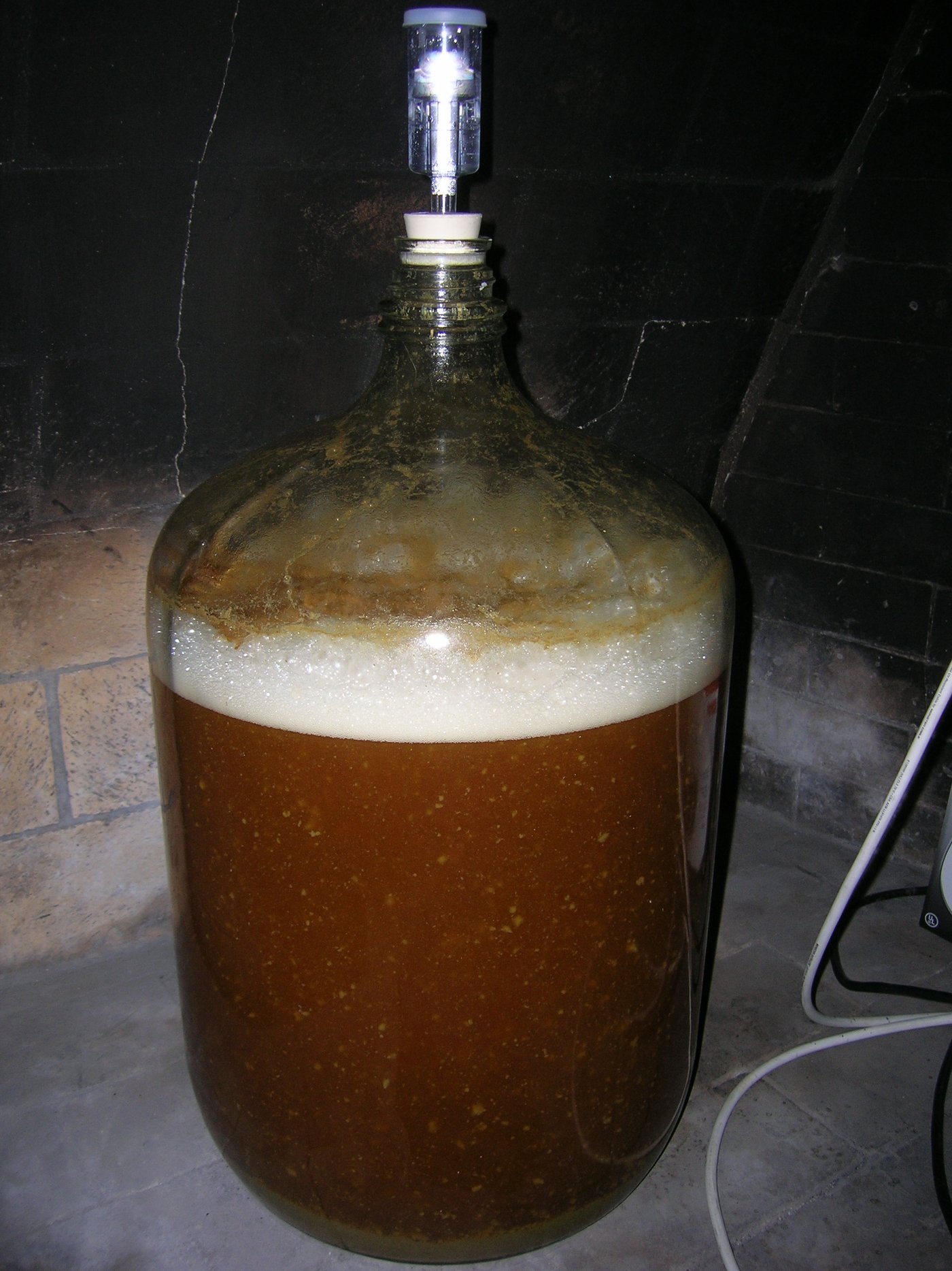 A glass carboy of fermenting homebrew. Moving from a bucket to a carboy (or a temperature-controlled chamber) is the Tier-2 fermentation upgrade.