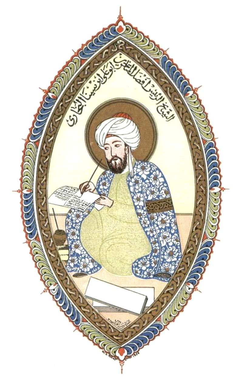 Ibn Sina (Avicenna, 980–1037 CE), the Persian polymath whose work on steam distillation of essential oils — particularly rose water — formalized practical aromatic distillation. Miniature portrait from a later Persian manuscript