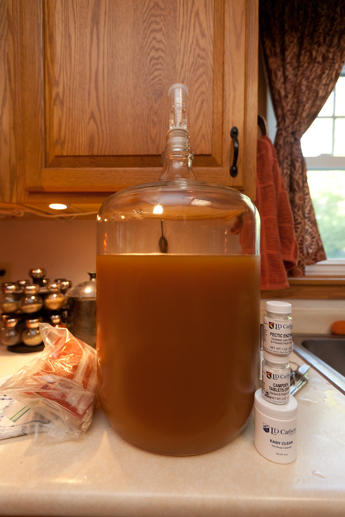 Glass carboy with airlock during active fermentation — bubbles in the airlock confirm CO2 evolution from yeast