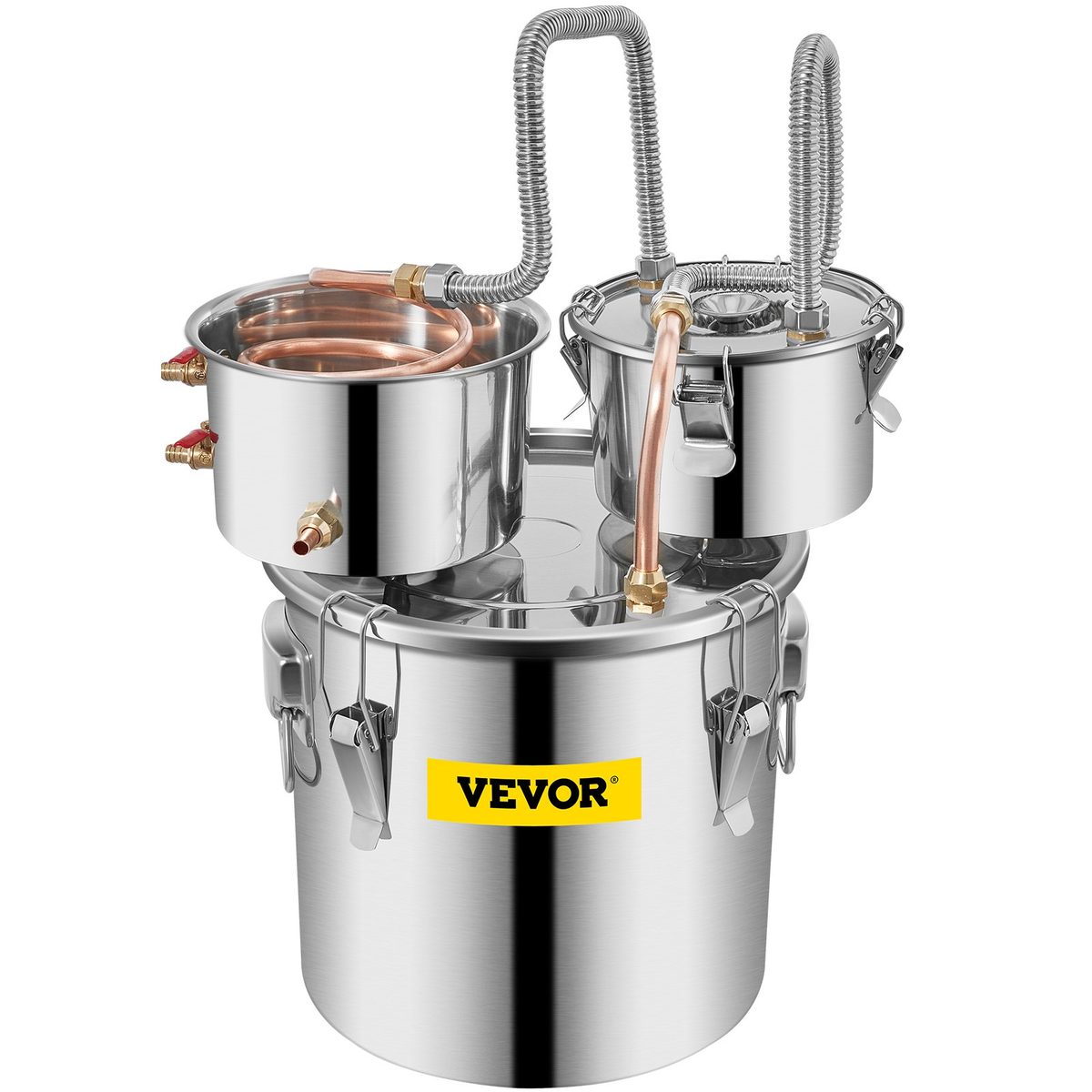 VEVOR 3-gallon three-pot distiller — fully assembled and connected (reference only, vendor copyright; annotate locally for the thumper dip-tube mod, exhaust valve, and thermometer port)