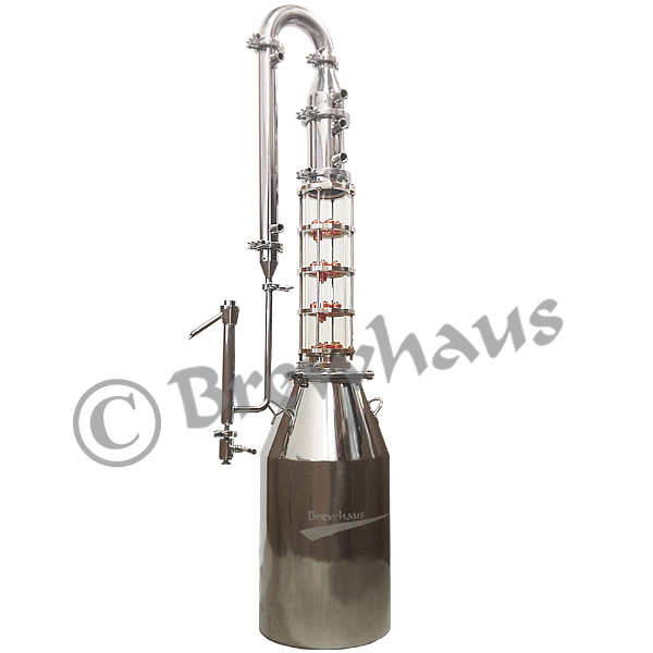 Brewhaus 15-gallon 4" sight-glass still with 4 removable copper bubble plates — best learner's still in the Tier-2 range; sight glass lets you watch vapor bubble through liquid on each plate during distillation (reference only, vendor copyright)