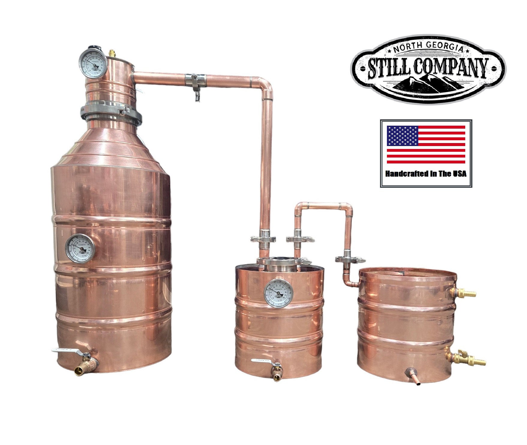North Georgia Still Company 15-gallon Distillers Kit — 20 oz / 22-gauge copper throughout (boiler, thumper, worm); same builder and construction philosophy as the Vol 3 D3 5-gal kit, scaled up (reference only, vendor copyright)