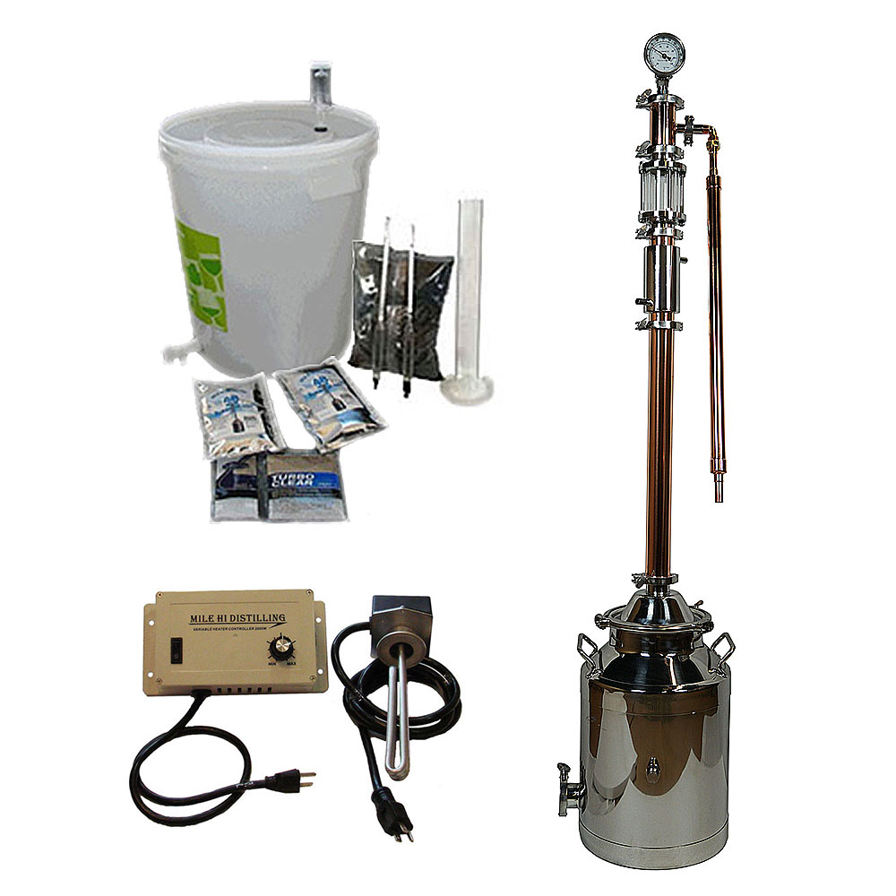 Mile Hi Distilling 8-Gallon with 2" Copper Dual-Purpose Pro Kit — stainless kettle, copper column with sight-glass sections containing copper bubble plates, dephlegmator and main condenser visible; plates are removable for pot-mode operation (reference only, vendor copyright)