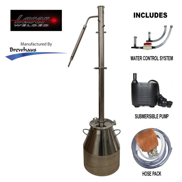 Brewhaus 8-gallon Essential Extractor Pro Series II — stainless kettle with 2-piece reflux column; the upper column section is removable via tri-clamp release, enabling instant pot-mode switching (reference only, vendor copyright)